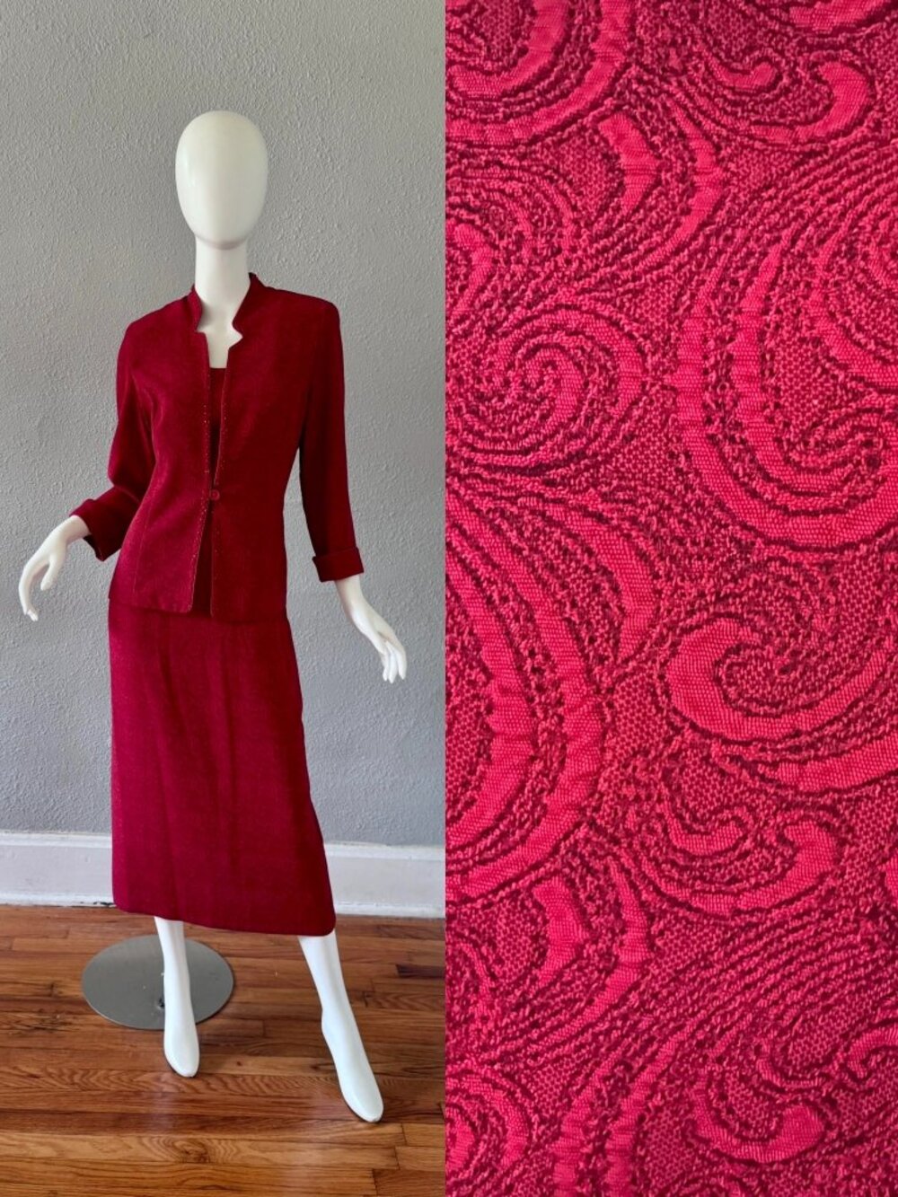 Vintage 90s Burgundy Red 2 Pc DORBY Beaded Jacket Dress M/L